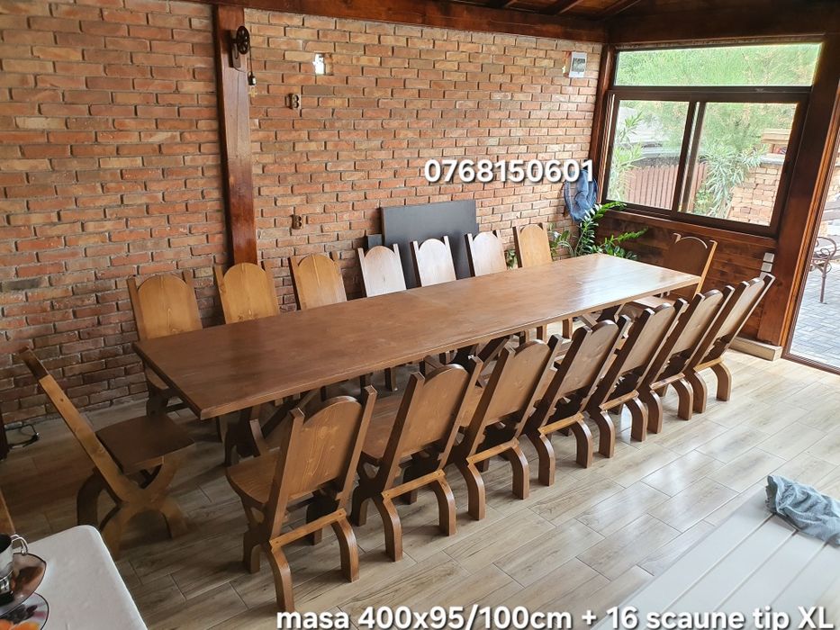 Masa cu  14 sau 16  scaune . Mobilier rustic . Mese si scaune. Masa 4m