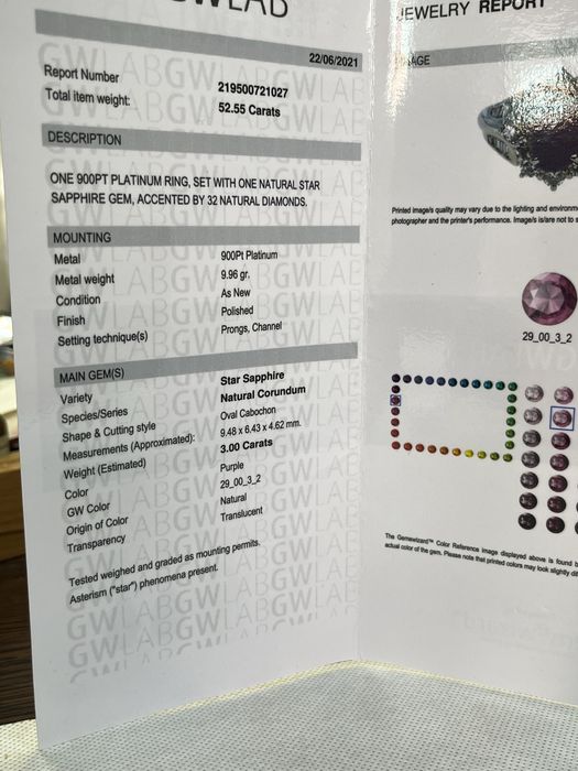 Платинен пръстен със звезден сапфир и брилянти