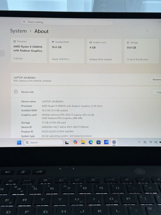 ASUS ROG Zephyrus  – Ryzen 9 5900HS / RTX 3050 Ti / 16GB RAM / SSD 1TB / Display 2K 120Hz