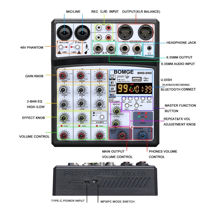 Смесителен пулт BMG-04D DSP99 UPGRADE, DJ Mixer, Bluetooth, USB Player