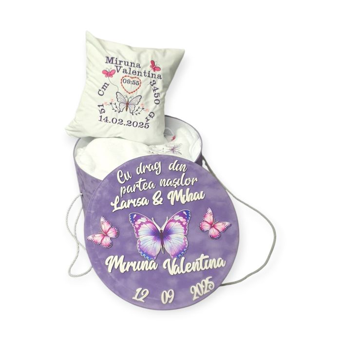 Trusou botez fluturasi mov + lumanare botez