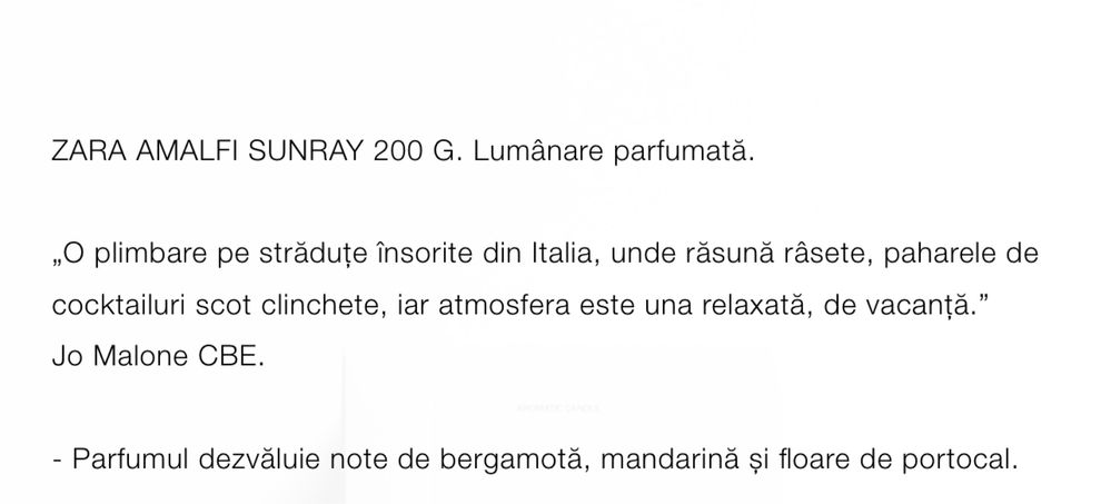 Lumanare parfumata Zara & JO Malone Amalfi Sunray cadou premium