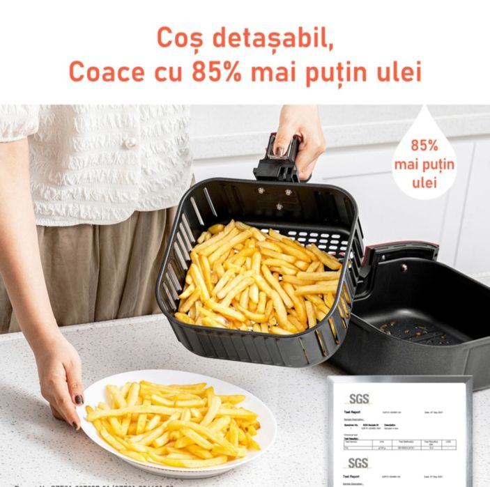 Friteuza cu aer cald  Cosori Air Fryer, Ecran digital, 11 functii de gatire presetate, 1 Grilaj pentru frigarui & 5 Frigarui,  5.5 litri, 1700W