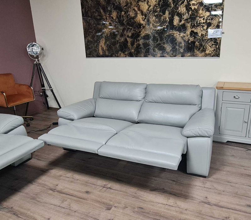 Италиански сив кожен комплект дивани две тройки с ел. релакс механизъм