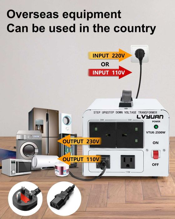 Transformator Tensiune Cantonape 2500W Convertor 220V-110V / 110V-220V Step Up Down Protectie Automata Toroidal 4 Prize US UK EU VTUK-2500W