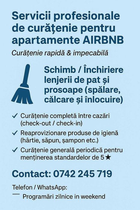 Curatenie, lenjerii, refresh&restock pentru AirBNB
