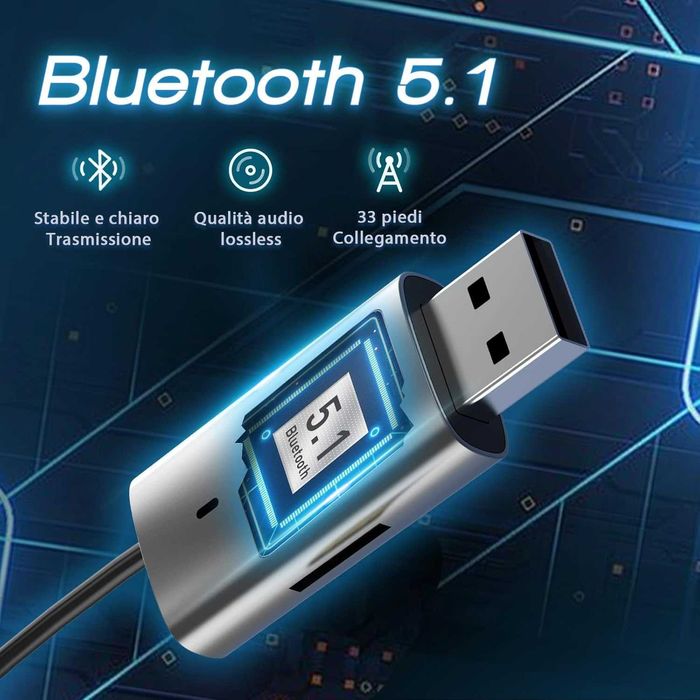 Bluetooth 5.1 приемник с микрофон, TF карта, USB и AUX връзка, за кола