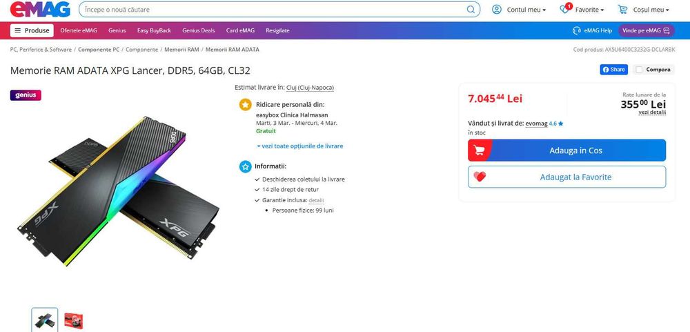 Memorie DDR5 XPG Adata Lancer 6400 64GB (2x32) CL32 RGB Negru