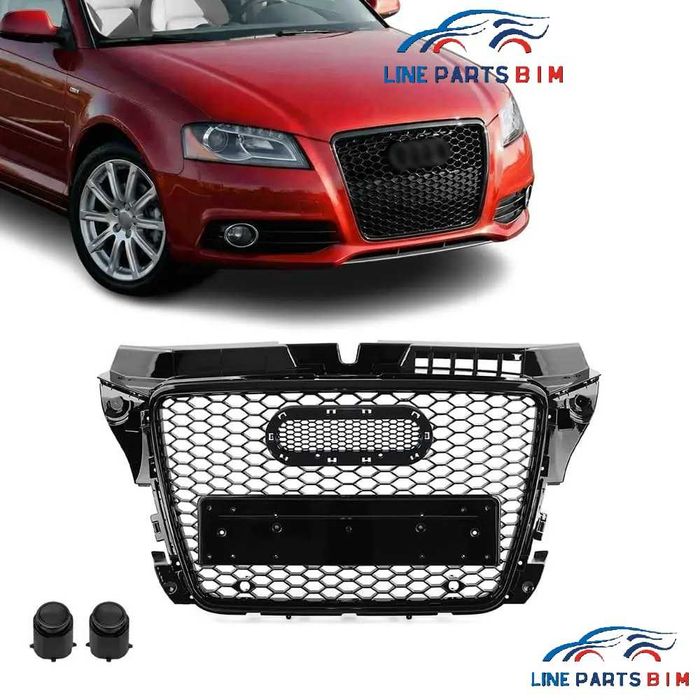 Grila Fagure Bara Fata RS Style AUDI A3 8P Facelift LCI / S3 (08-12), Negru Lucios, Suport emblema + numar inclus