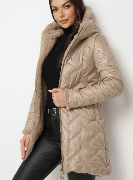 Geaca de iarna bej, parka, imblanita pe interior, marime S/36, NOU