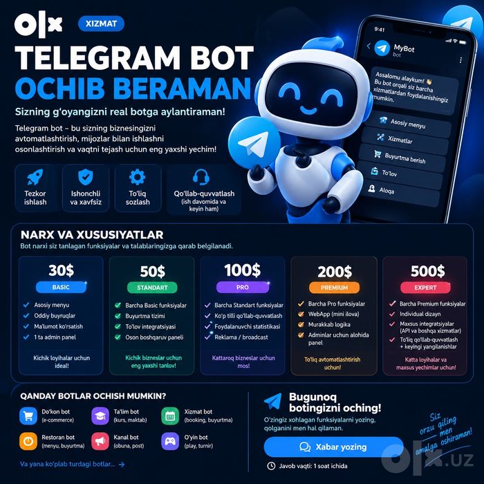 Dasturchi Hizmati Telegram Bot yasab beramn