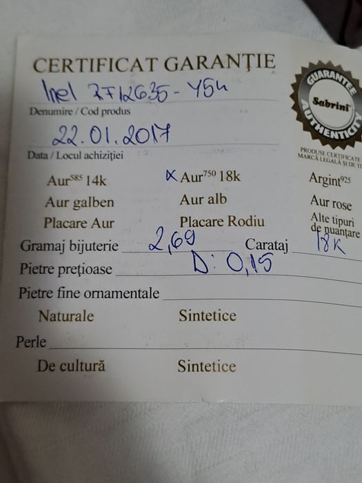 Inel aur 18k cu diamant natural 0,15 cu, certificat Sabrini,2,69gr.