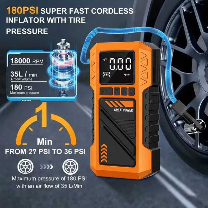 Авариен мобилен стартер (Jump Starter), компресор, външна батерия и мощен LED фенер 4 в 1 JKUOO, различни накрайници, 8000А, 10ATM, НОВ!