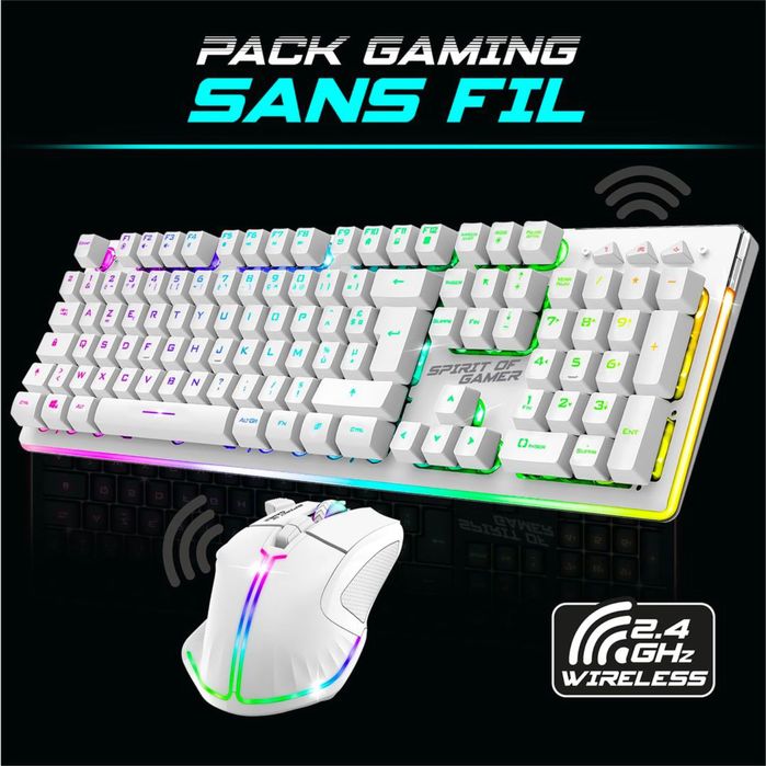 Set Tastatură si mouse Gaming Wireless SPIRIT OF GAMER MK600 Iluminare RGB Dispunere AZERTY - Alb