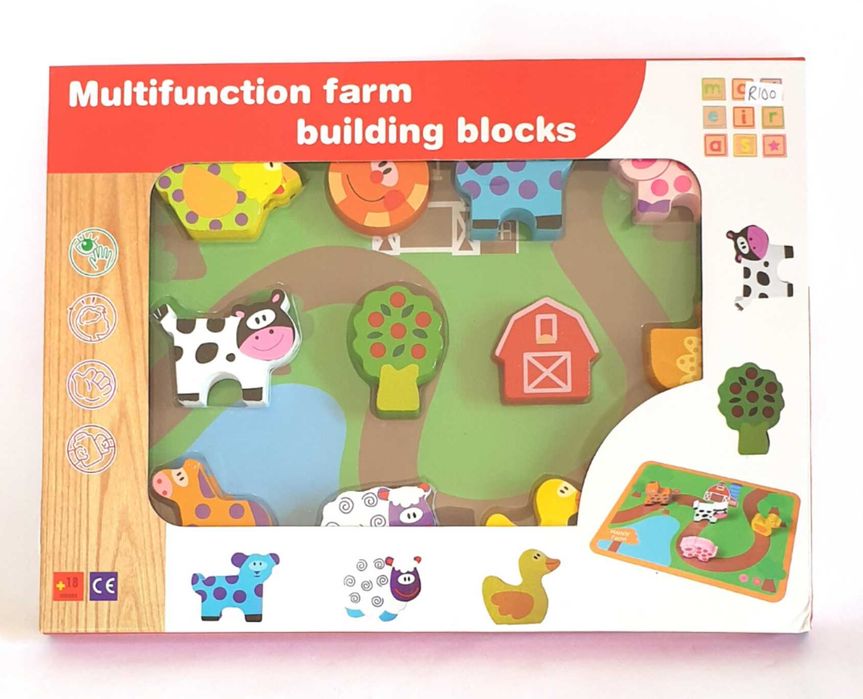 Дървени животни за нанизване- Ферма с връзка и постелка