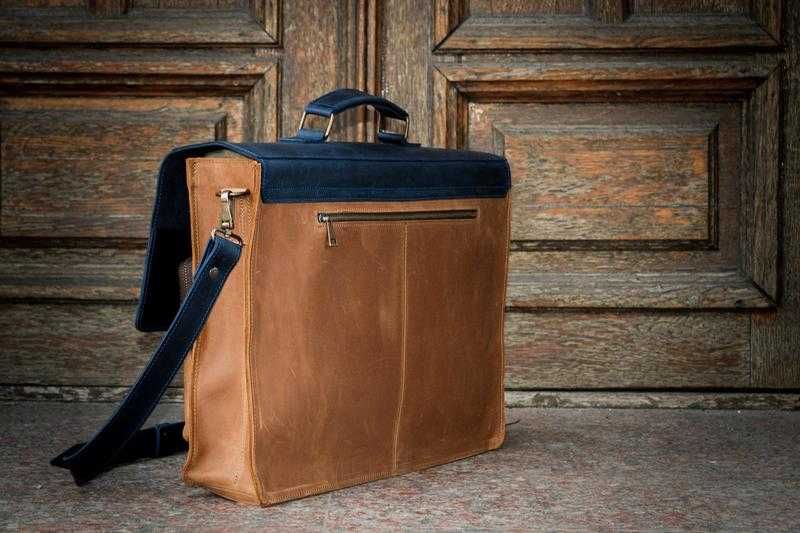 Servietă din piele naturală pentru documente și laptop. Geantă de umăr din piele pentru laptop