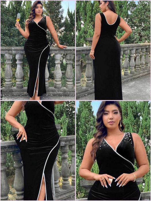 Черна рокля от кадифе с гарнитура бели перли и кантове.