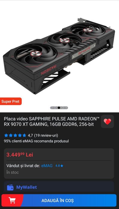 Placa video SAPPHIRE PULSE  RX 9070 XT GAMING, 16GB , 256bit