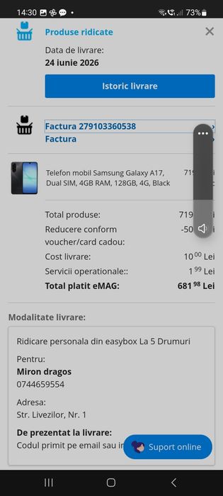 Telefon mobil Samsung Galaxy A17, Dual SIM,cu Garanție 
4GB RAM, 128GB, 4G, Black