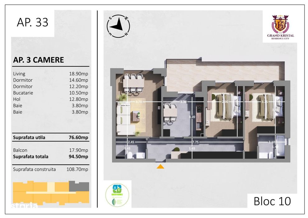 Apartament ideal pentru familie – 3 camere, balcon amplu de 17.9 mp — fotografia 3