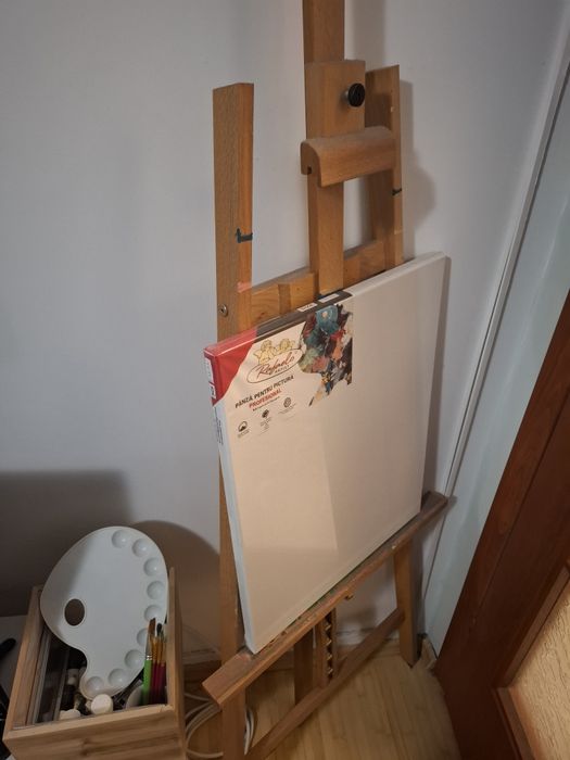 Set pictură complet - șevalet lemn fag + pânze Rafaelo + culori ulei + pensule