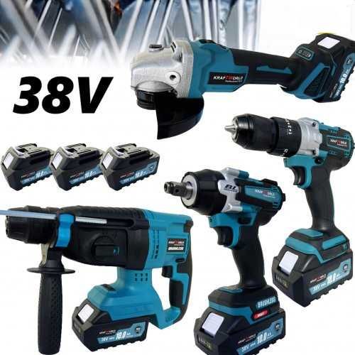 Комплект от акумулаторен перфоратор, ъглошлайф, гайковерт и винтоверт