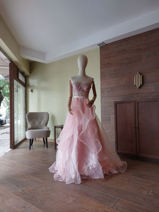 Официална рокля за бал или булка Органза Корсет Камъни Черна Розава