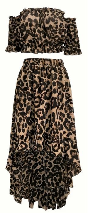 Costum damă cu imprimeu leopard – top și fustă asimetrică