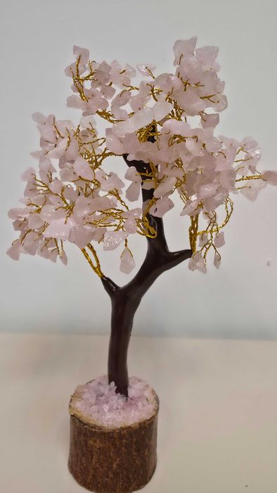 Copăcel decorativ cu cuarț roz Gemstone Tree bază lemn Cadou