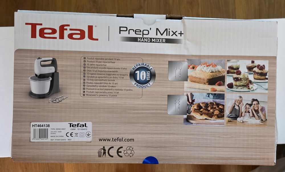 Mixer cu bol Tefal Prep'Mix+ HT464138, 500W, bol 2.5L auto-rotativ, 5 trepte viteza si functie turbo, 2 teluri inox, 2 carlige inox, alb