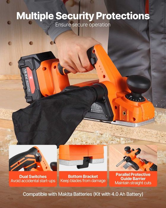 Rindea electrica de mana fara fir, latime 82 mm, 15000 rpm, motor brushless, acumulator 18V 4 Ah, adancime reglabila, sac praf