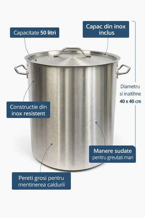 Oala inox profesionala 50L 40x40 cm pentru gatit intensiv