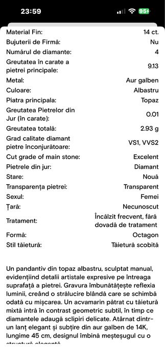 Pandantiv Aur Galben 14K cu Topaz Sculptat 9.13 ct, Acvamarin & Diamante – Certificat IGI – Nou