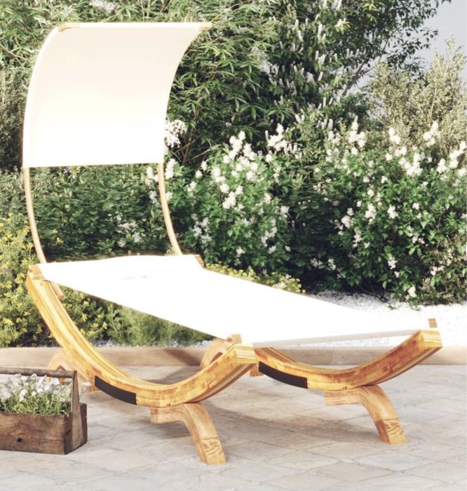 Sezlong pat de exterior cu baldachin crem din lemn masiv VidaXL nou