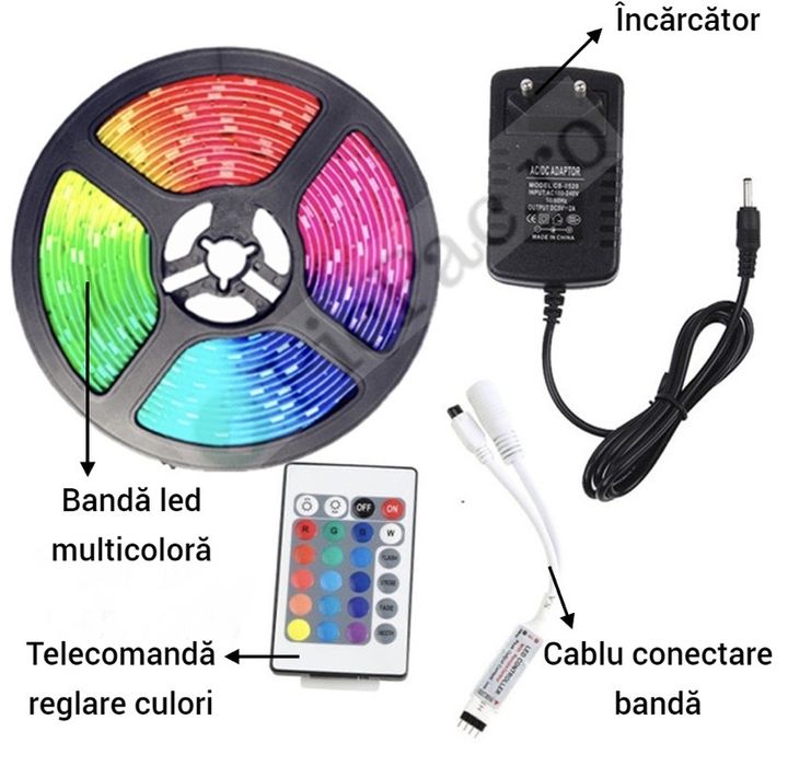 Bandă LED RGB 5 m cu 300 de LED-uri și telecomandă – impermeabilă pentru interior și exterior.