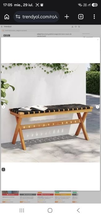 Bancă de grădină neagră din lemn masiv de salcâm/textil