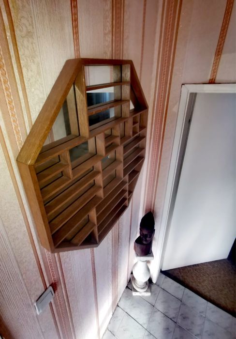 Антикварно дървено огледало осмоъгълна лавица дизайнерско голямо !