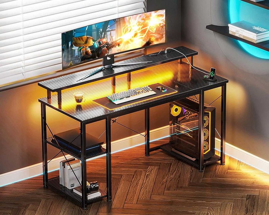 Birou Gaming Coleshome 120x50 cm, LED, prize + USB, suport monitor, Negru