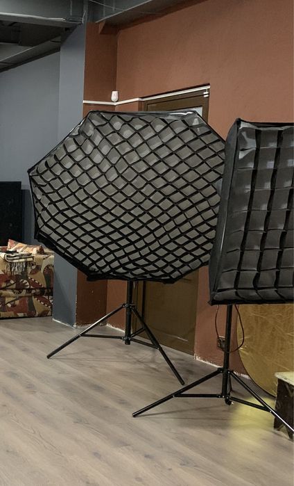 Импульсный свет, софтбокс, стойка.