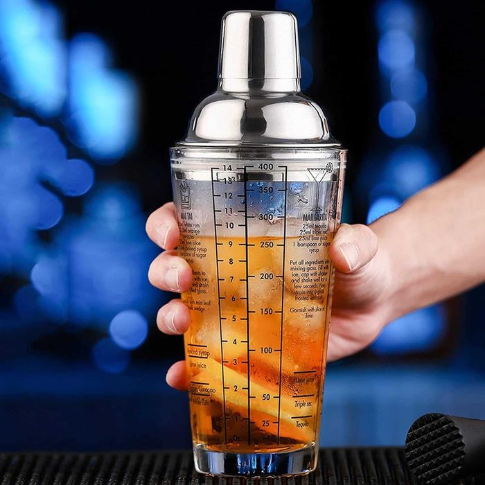 Cocktail Shaker din sticla 450ml cu capac din inox si retete imprimate