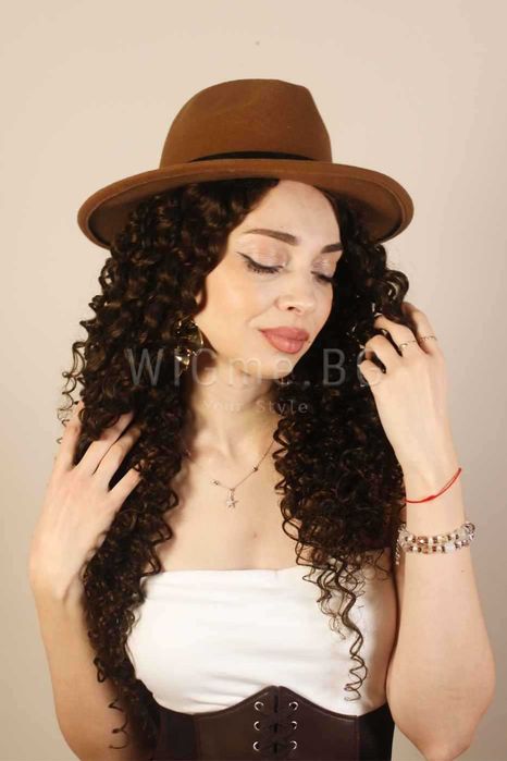 Дълга къдрава тъмнокестенява лейс фронт перука Малена