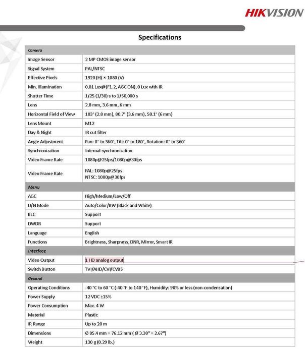 HikVision HWT-T120-P 2MPx Full HD HDTVI AHD HDCVI EXIR Камера 4в1 103°