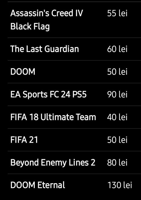 Lot jocuri PS4/PS5 – 550 lei
Lot jocuri PS4/PS5 – 550 lei
Lot jocuri PS4/PS5 – 550 lei