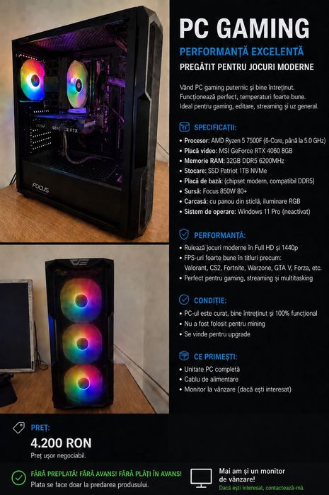 PC Gaming RTX 4060 Ryzen 5 7500F 32GB DDR5 SSD 1TB
