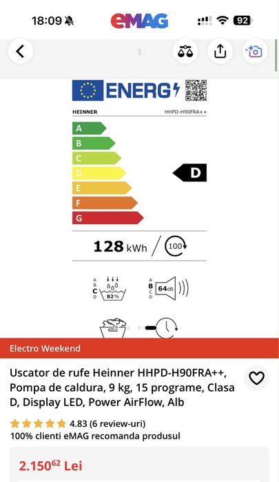 Uscător de rufe Heinner – Nou, 5 ani garanție, 9kg