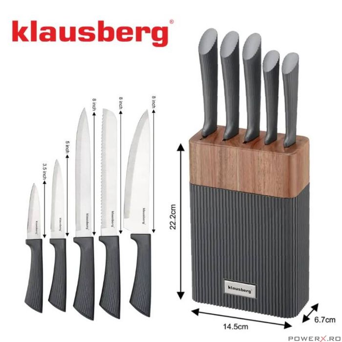 Set de cutite 6 piese cu bloc de salcam, otel inoxidabil, Klausberg