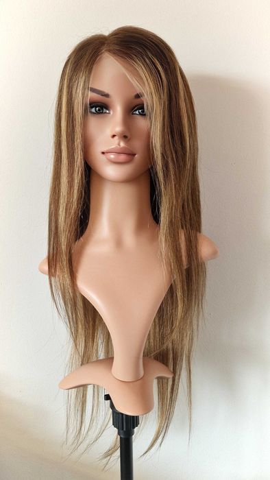 Естествена перука  70–75 см – Lace Front 13x6, кафява с руси кичури