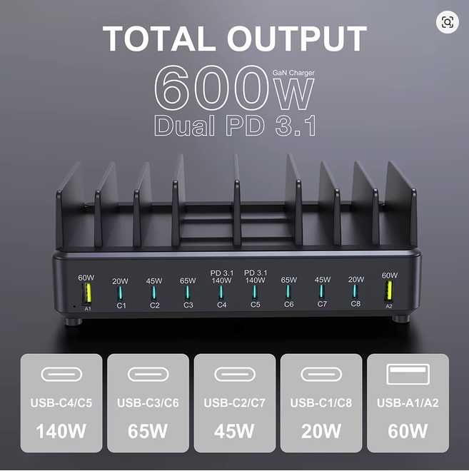 Зарядна станция за таблети, смартфони и лаптопи - Ueetop 600W USB Fast Charge 10-Port GaN Charging Station Laptop Tablet