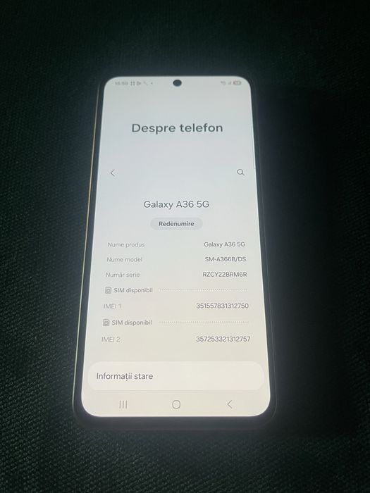 Samsung Galaxy A36 5g 8GB RAM 256GB stare foarte buna folosit aproximativ o luna. Telefonul functioneaza perfect fara niciun fel de problema.