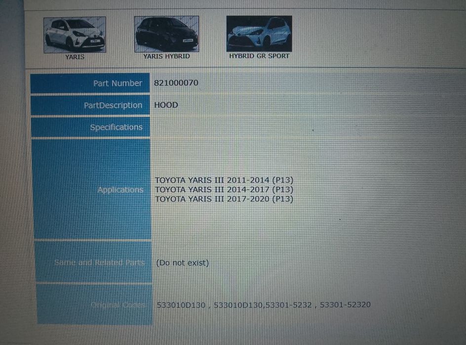 Capota noua Toyota Yaris III 430LEI PIESE TOYOTA Yaris bara capota aripa